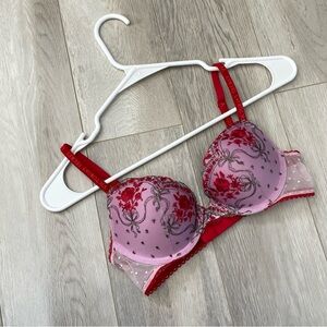 Victoria's Secret Bra floral embroidered push up padded womens Pink Red size 32A